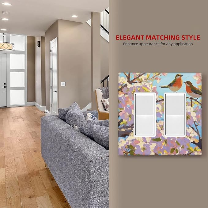 Bird Flower Double Rocker Wall Plate Decorative 2 Gang Light Switch Covers Electrical Switchplate Home Decorate Faceplat for Bathroom Bedroom Kitchen Room 4.5 x 4.5 Inch