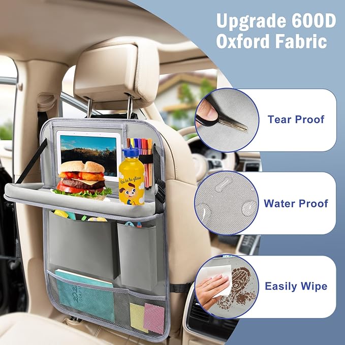 2Pack Car Backseat Organizer with Foldable Table Tray,6 Storage Pockets Car Storage Organizer with Tablet Holder,Car Seat Back Protectors Kick Mats Travel Accessories (Grey)