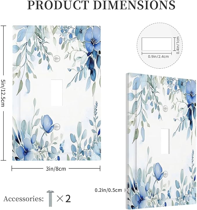 Watercolor Blue Flower Plant Floral Green Leaves Decorative Light Switch Cover 1 Gang Single Toggle Device Electrical Faceplate Switchplates Decorator Outlet Wall Plate for Bedroom Living Room Decor