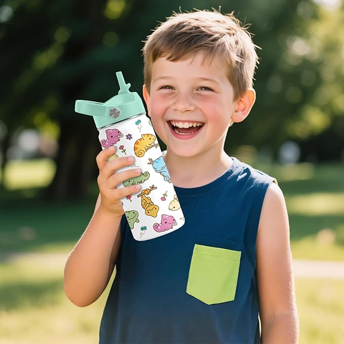 Axolotl Gifts for Girls - 16oz Green Axolotl Water Bottle with Straw Lid, Stainless Steel Insulated Tumbler, Leak Proof, for Boys, Sport, Travel, School - Animal Lovers Children Birthday Gift Cup(1pc)