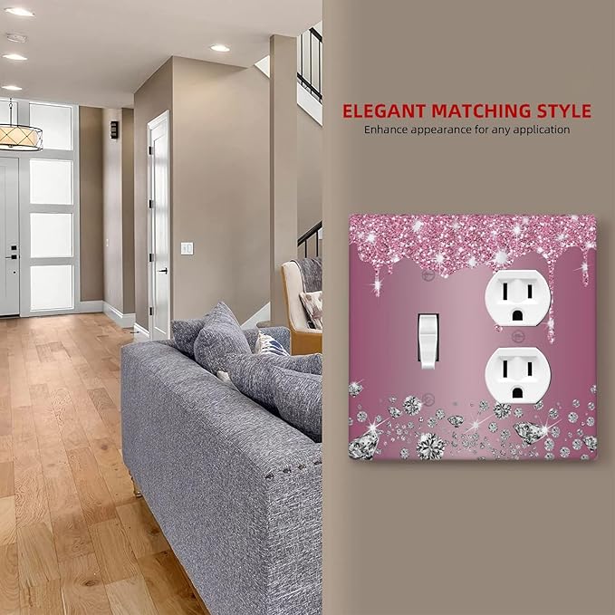 Decorative Outlet Covers Sparkling Diamonds Pink Silver Glitter Drops 2 Gang Wall Plate Cover Single Toggle Duplex Combo Two Switch Light Switch Cover Plate Jumbo Dual GFCI Face Plate