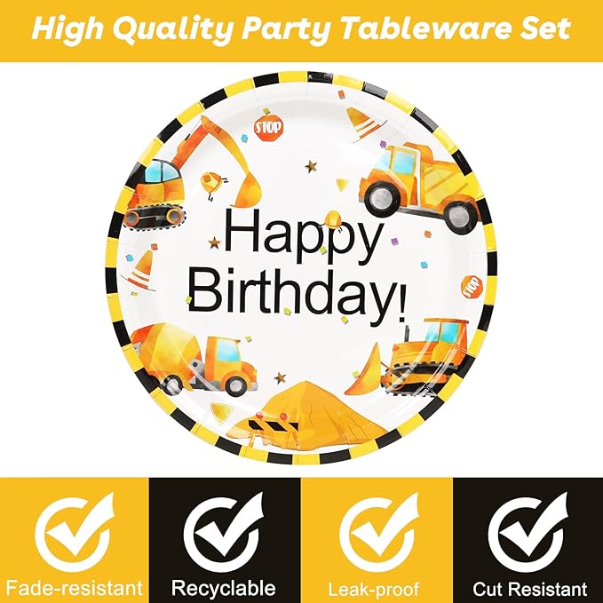 50 Pcs Construction Plates and Napkins Party Supplies, 9inch Construction Theme Plates, Disposable Dump Truck Plates and Napkins Tableware Set for Kids Boys Birthday Party Decorations, 25 Guests