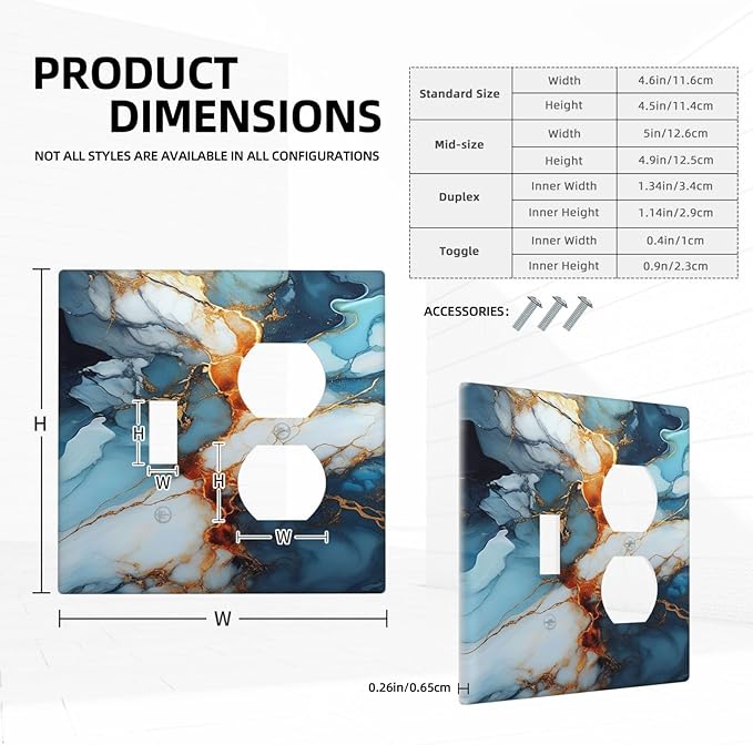 Light Switch Cover Plate Golden Abstract Luxury Marble 2 Gang Decorative Switch Plates 1 Toggle Duplex Combo Outlet Covers GFCI Wall Plates for Livingroom Bathroom Decor