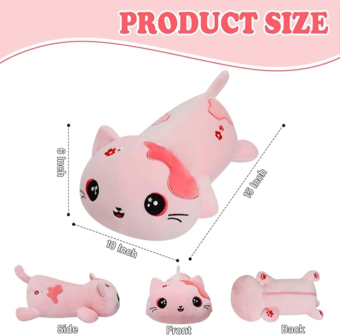 Microwave Weighted Cat Stuffed Animal - 2.2 Pounds Big Pink Cat Plush Machine Washable Unscented Cute Heating Pad Animal Pillow Warm Plushies Toy for Adults Kids Pink Flower Embroidery 15 Inch