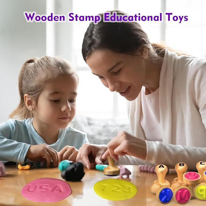 flycoost Wooden Alphabet Stamps & Number Letter Stamps for Kids - Montessori Learning Toys with Flashcards, ABC Spelling & Math Games for 3 4 5 Year Olds, Classroom Art Crafts Preschool Supplies