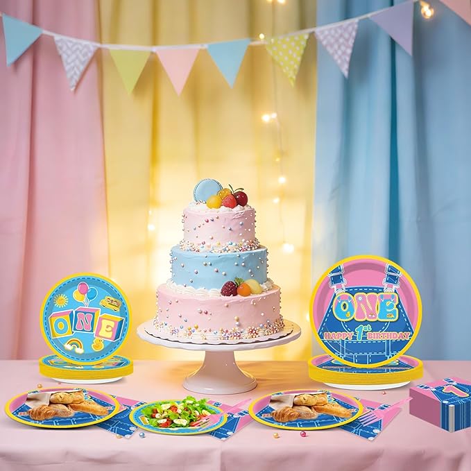 96Pcs Cartoon Girls 1st Birthday Plates and Napkins English Teacher One Year Old Decor Pink Blue Paper Dessert Cake Plates Teacher Party Tableware Set for Girls First Birthday Supply 24 Guests