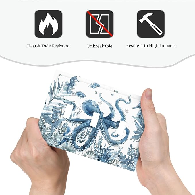 Blue Octopus Squid Seahorse Coral Watercolor Wild Sealife Decorative Switch Plates 3 Gang Wall Plate Triple Toggle Light Switch Cover Faceplate Electrical Wall Panels for Bathroom Kids Room Decor