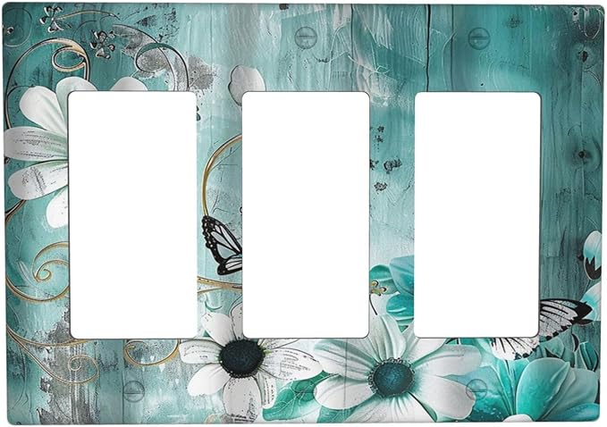 Decorative Outlet Covers Turquoise Flowers and Butterflies Rustic Teal White Floral 3 Gang Wall Plate Triple Rocker Decora Light Switch Cover Plate Jumbo Electrical GFCI Switch Plate Cover