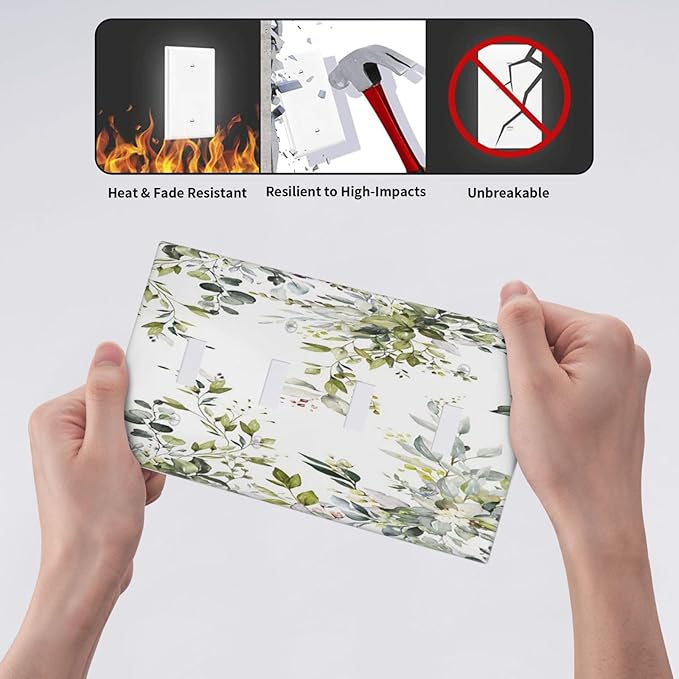 Eucalyptus Sage Green Leaf Plant Floral Light Switch Covers Quad Toggle Electrical Faceplate 4 Gang Wall Plate Decorative Switch Plates for Bedroom Living Room Decor