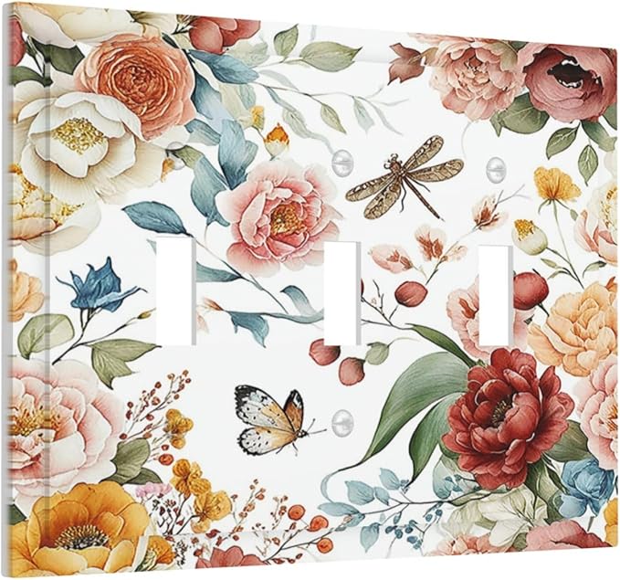 Rustic Style Colorful Peony Butterfly Dragonfly Decorative Switch Plates 3 Gang Wall Plate Faceplate Electrical Wall Panels Triple Toggle Light Switch Cover for Bedroom Living Room Decor