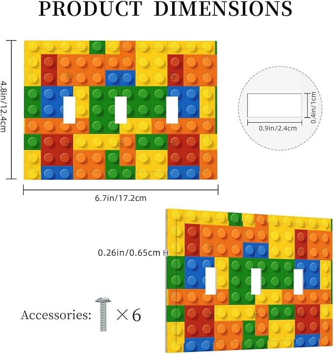 Building Blocks Theme Colored Bricks Print Decorative Switch Plates 3 Gang Wall Plate Triple Toggle Light Switch Cover Faceplate Electrical Wall Panels for Room Office Home Decor