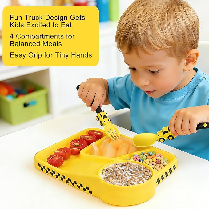 Deinyi Construction Toddler Plates - Construction Utensils for Toddlers - Easter and Birthday Gift Toddler Utensils for 1 2 3 4 5 6 7 year - Yellow