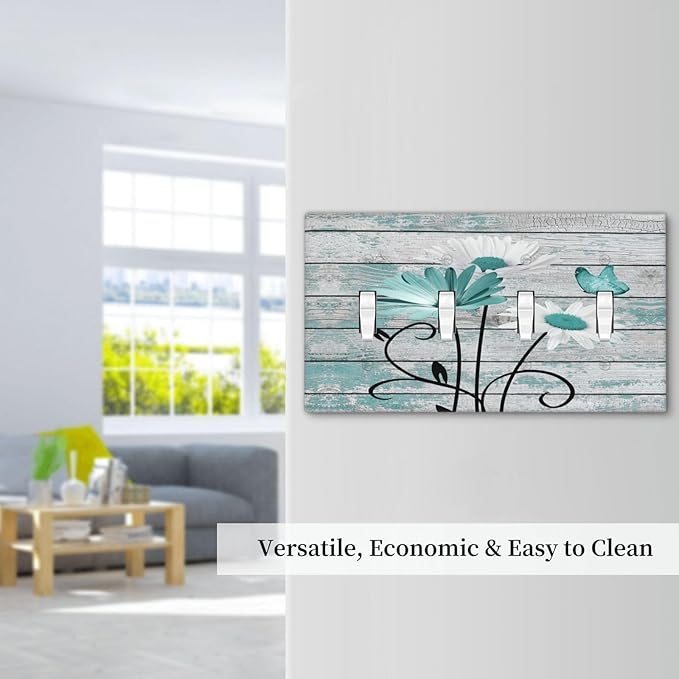 Teal White Daisy Flower Butterfly On Rustic Wood Board Light Switch Covers Quad Toggle Electrical Faceplate 4 Gang Wall Plate Decorative Switch Plates Cover for Farmhouse Bedroom Decor