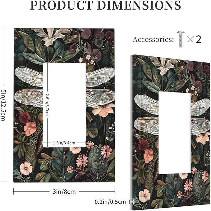 Vintage Dark Green Dragonfly Flowers Floral Botanical Decorative Outlet Covers 1 Gang Single Rocker Light Switch Cover Plate Wall Plates GFCI Faceplate for Farmhouse Home Decor
