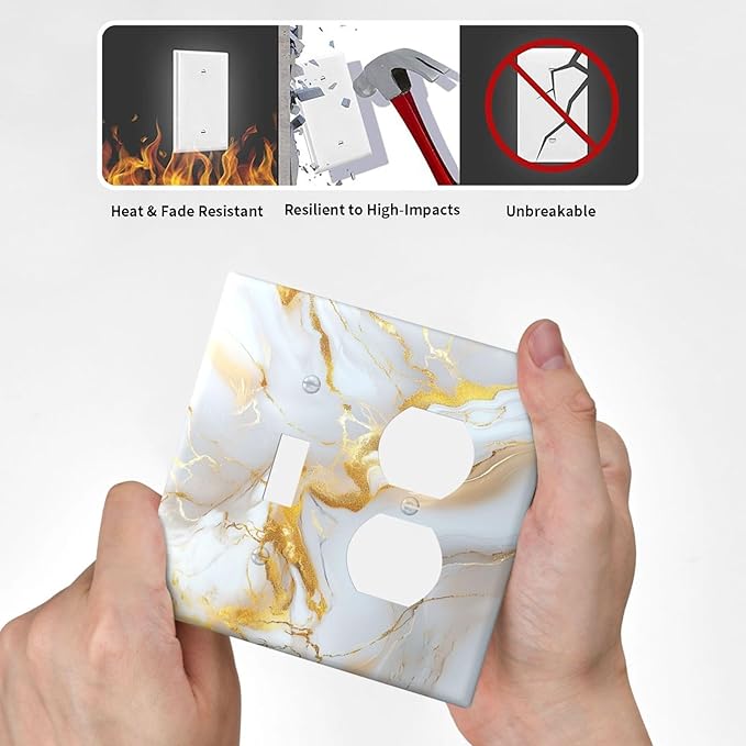 Decorative Switch Cover Plate Abstract Gold Marble Design with White & Gold Toggle Duplex Wall Plate 2 Gang Light Switch Cover Outlet Covers for Modern Luxurious Decor