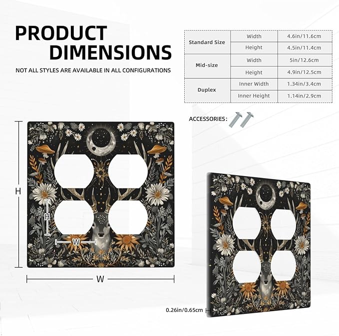 Decorative Outlet Covers Vintage Deer Flowers Moon Natural Plants Floral 2 Gang Decorative Switch Plate Double Duplex Wall Plates Switch Plates and Outlet Covers for Bathroom Bedroom Decor