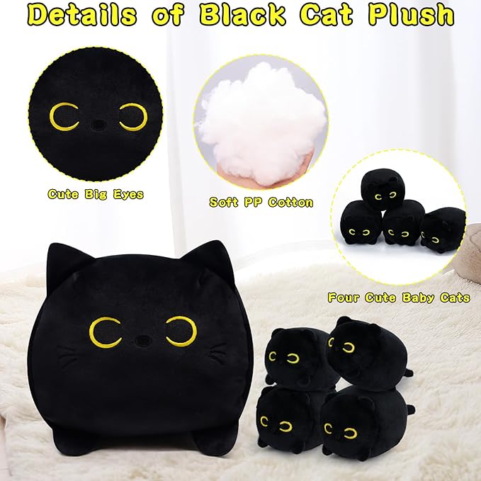 Cat Stuffed Animals with Babies, Black Cat Plush with Babies, Mommy Cat with 4 Baby Kittens Kawaii Black Cat Plushie Toy Birthday Gifts for Kids Boys Girls
