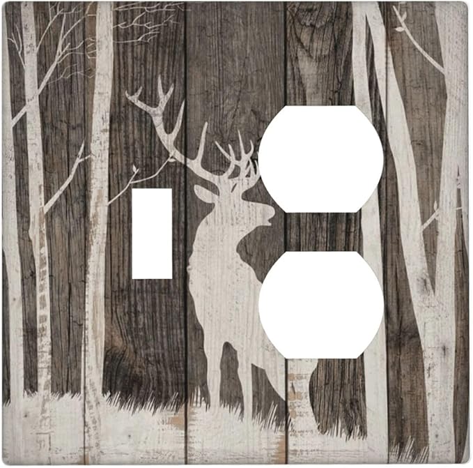 Vintage Wood Forest Deer Wildlife Animal Silhouette Wallplates 1 Toggle 1 Duplex Switch Plate Electrical GFCI Faceplate Decorative Light Switch Covers for Farmhouse Home Decor