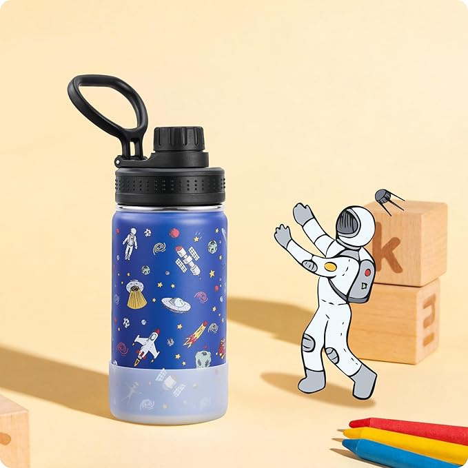 12 oz Stainless Steel Vacuum Insulated Wide Mouth Sports Water Bottle - Kids Metal Water Flask for School, BPA-Free-Astronaut