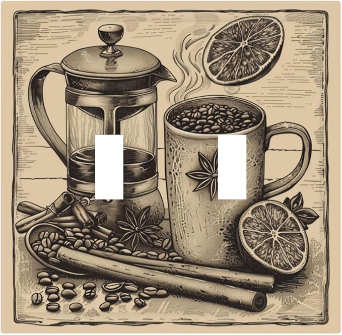 Light Switch Cover Plate Beige Vintage Rustic Coffee Beans Spice 2 Gang Double Toggle Decorative Switch Plates Wall Plates Electrical Faceplate for Kitchen Coffee Bar Decor
