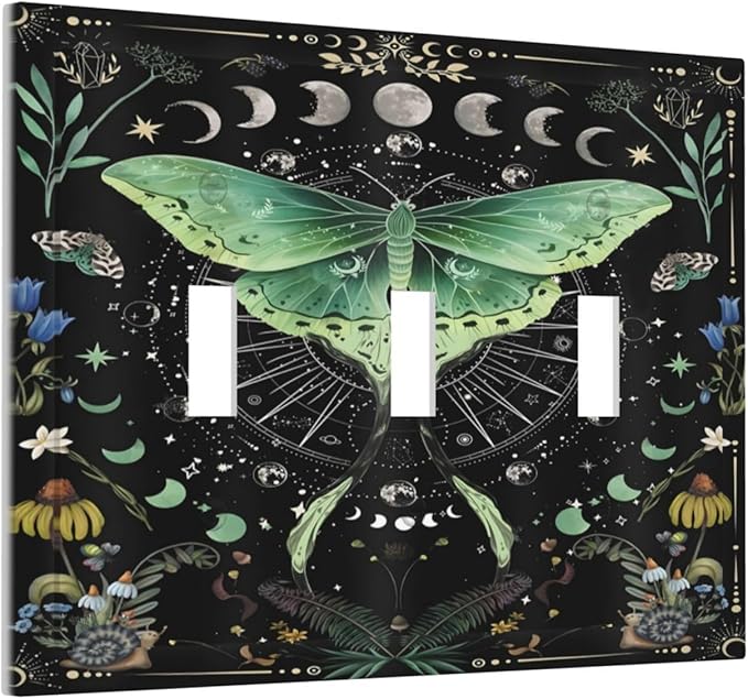 Moon Phase Butterfly Wildflower Plant Mysterious Night Moonlit Decorative Switch Plates 3 Gang Wall Plate Triple Toggle Light Switch Cover Faceplate Electrical Wall Panels for Bedroom Living Room