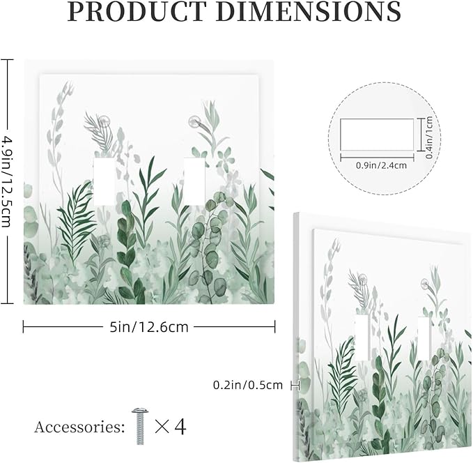 Watercolor Green Leaf Rustic Plant Eucalyptus Flowers Decorative Switch Plates 2 Gang Double Toggle Outlet Light Switch Cover Wall Plate Electrical Faceplate for Bed Room Living Room Decor