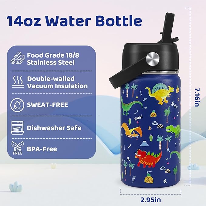 2Pack Kids Water Bottle With Straw Lid,14 oz Stainless Steel Travel Bottle,Double Wall Leak Proof Kids Cup,Insulated Tumbler for Toddlers,Metal Bottle for School Boys Girls(Bow+Dinosaur)