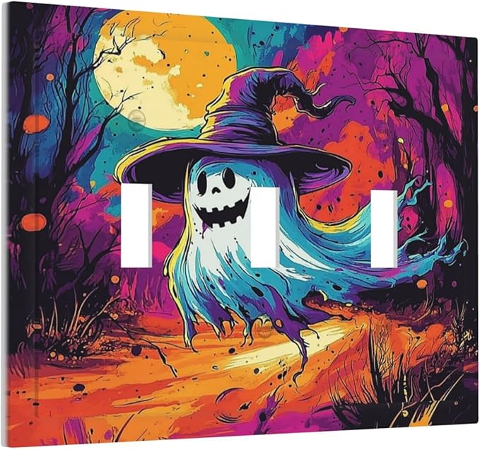Decorative Switch Plates Ghost Colorful Forest Moon Dead Tree 3 Gang Wall Plate Triple Toggle Light Switch Cover Faceplate Electrical Wall Panels For Nursery Kids Room Decor