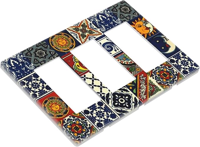Boho Moroccan Mandala Mexican Tiles Triple Decorator Light Switch Cover 3 Gang GFCI/Rocker Wallplate Decorative Electrical Faceplate Switchplate Dimmer Screwless