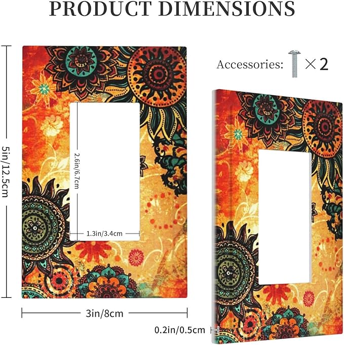 Red Orange Boho Bohemian Flower Floral 1 Gang Decorator Light Switch Cover Single GFCI/Rocker Outlet Switch Wall Plate for Dimmer,USB Outlet Mid Size