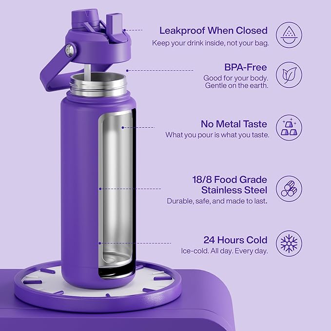 ENCOOL Insulated Water Bottle with Straw Stainless Steel Water Bottle, Leak-Proof, BPA-Free, Double Wall Vacuum Keeps Cold for 24 Hours for Sports, Travel, School (32 oz, Violet)