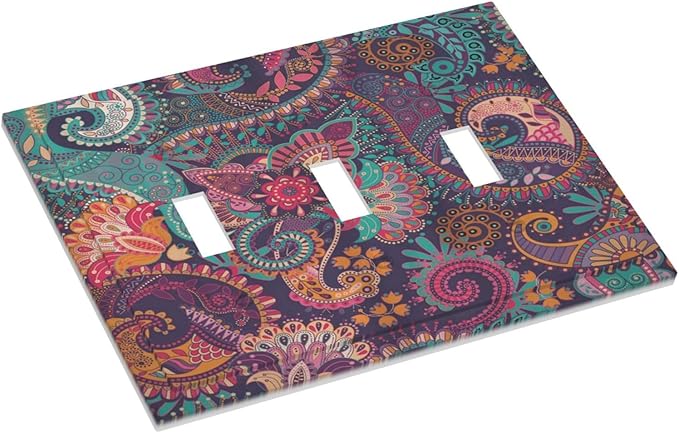 Mandala Boho Paisley Purple Floral Colorful Flower Decorative Switch Plates 3 Gang Wall Plate Triple Toggle Light Switch Cover Faceplate Electrical Wall Panels for Home Bedroom Decor
