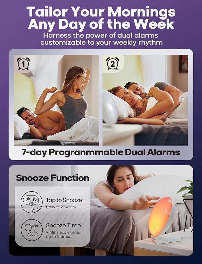 Dekala Smart Sunrise Alarm Clock with Wireless Charging for iPhone 14 13 12 Apple Watch AirPods Samsung, White Noise Sleep Sounds Machine, Nursery Night Light for Heavy Sleeper Kid