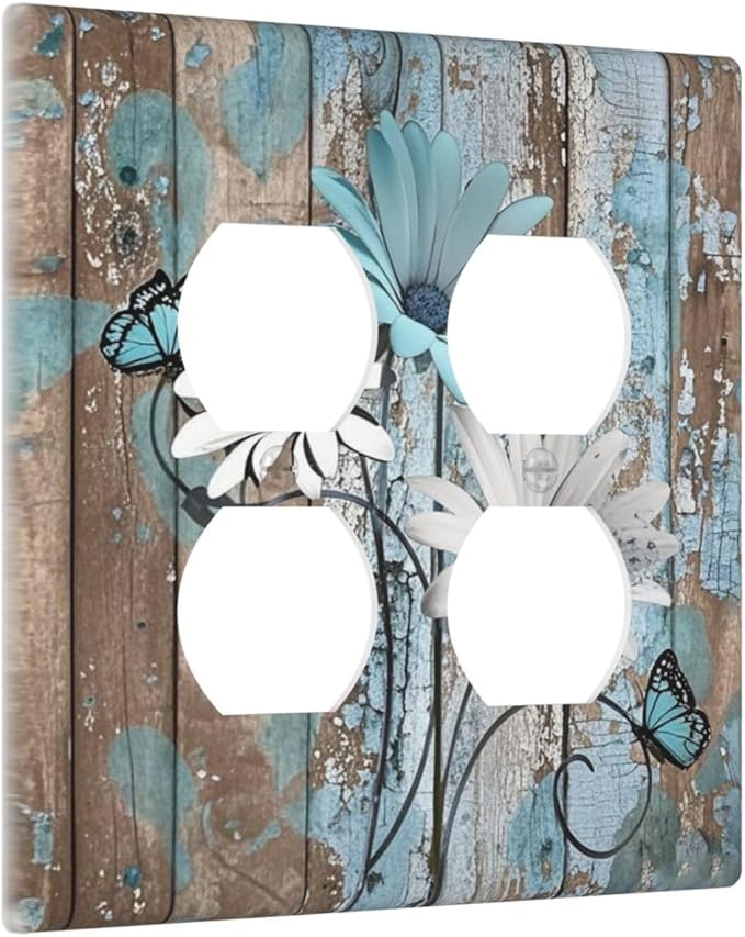 Outlet Covers Rustic Flower Teal Turquoise Daisy Butterfly 2 Gang Double Duplex Decorative Light Switch Covers Electrical Wallplates Socket Faceplate For Farmhouse Cabin Decor