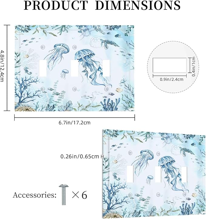 Decorative Switch Plates Jellyfish Teal Blue Ocean Turtle Coastal Beach 3 Gang Wall Plate Faceplate Triple Toggle Light Switch Cover Electrical Wall Panels for Bedroom Bathroom Decor