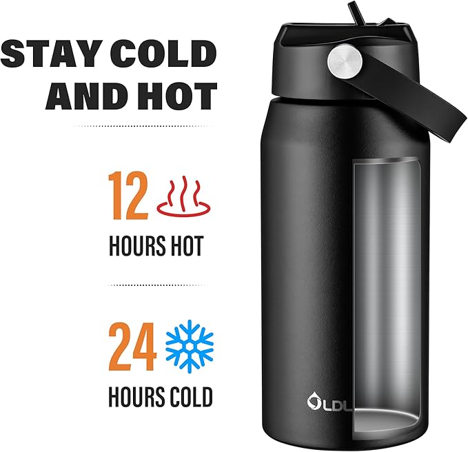 Oldley 18oz Insulated Water Bottle with Straw, Stainless Steel Water Bottle for Sports, Travel, School, BPA-Free Sports Bottles for Adult Kids, Leak-Proof, Black