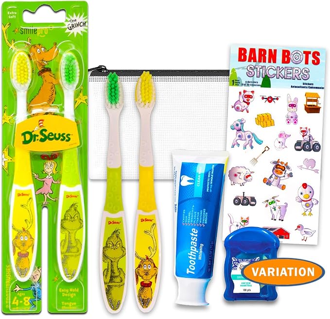 Dr. Seuss Oral Care Traveling Kit for Kids - Bundle with 2 Toothbrushes, Toothpaste, Floss, Travel Bag, More for Boys, Girls, Toddlers Toothbrush Set