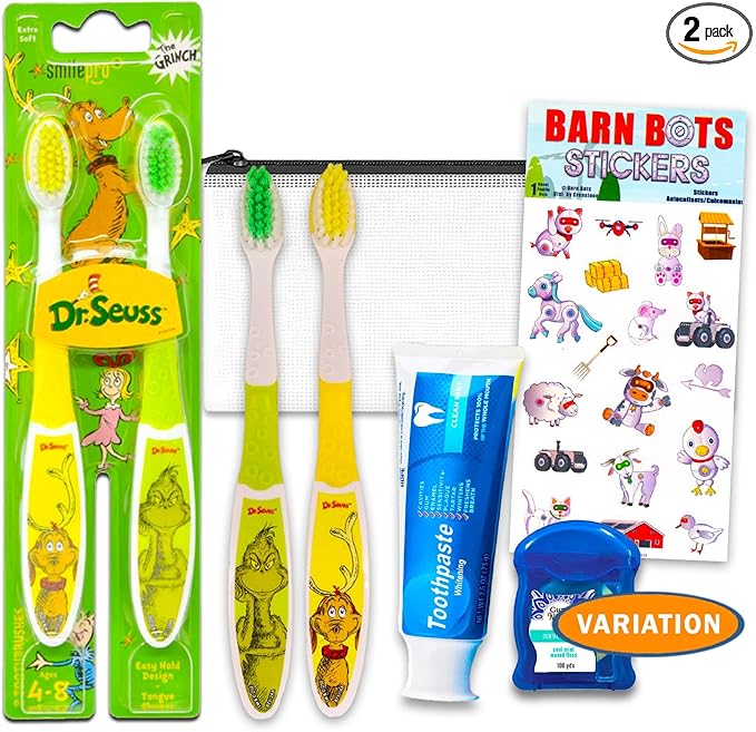 Dr. Seuss Oral Care Traveling Kit for Kids - Bundle with 2 Toothbrushes, Toothpaste, Floss, Travel Bag, More for Boys, Girls, Toddlers Toothbrush Set