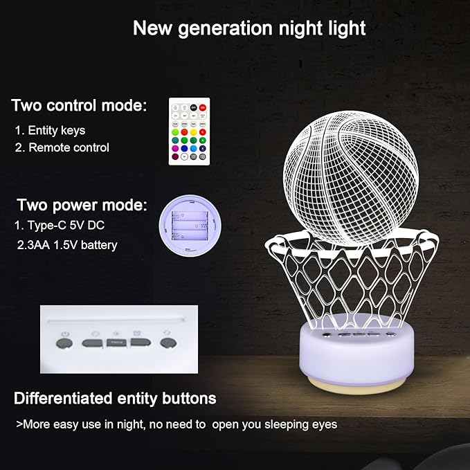Basketball Night Light for Kids, Basketball Gift for Sports Players Fans, Decor Bedside Lamp for Bedroom/Office, 5 Buttons and Remote Control 14 Colors, Timer, Dim, Independent Warm White Lamp Base