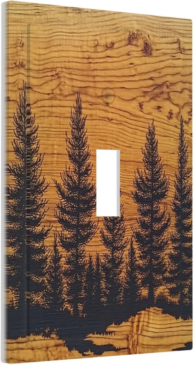 Decorative Light Switch Cover Forest Pine Silhouette Rustic Wood Grain 1 Gang Single Toggle Device Electrical Faceplate Switchplates Decorator Outlet Wall Plate For Farmhouse Cabin Decor