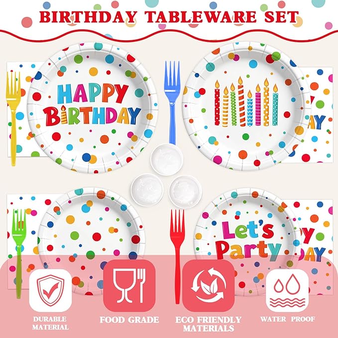 Kinovo 96 Pcs Happy Birthday Paper Plates Tableware Set (Serves 24), Birthday Dots Dots Design Supplies Set Include Plates Napkins Forks for Party