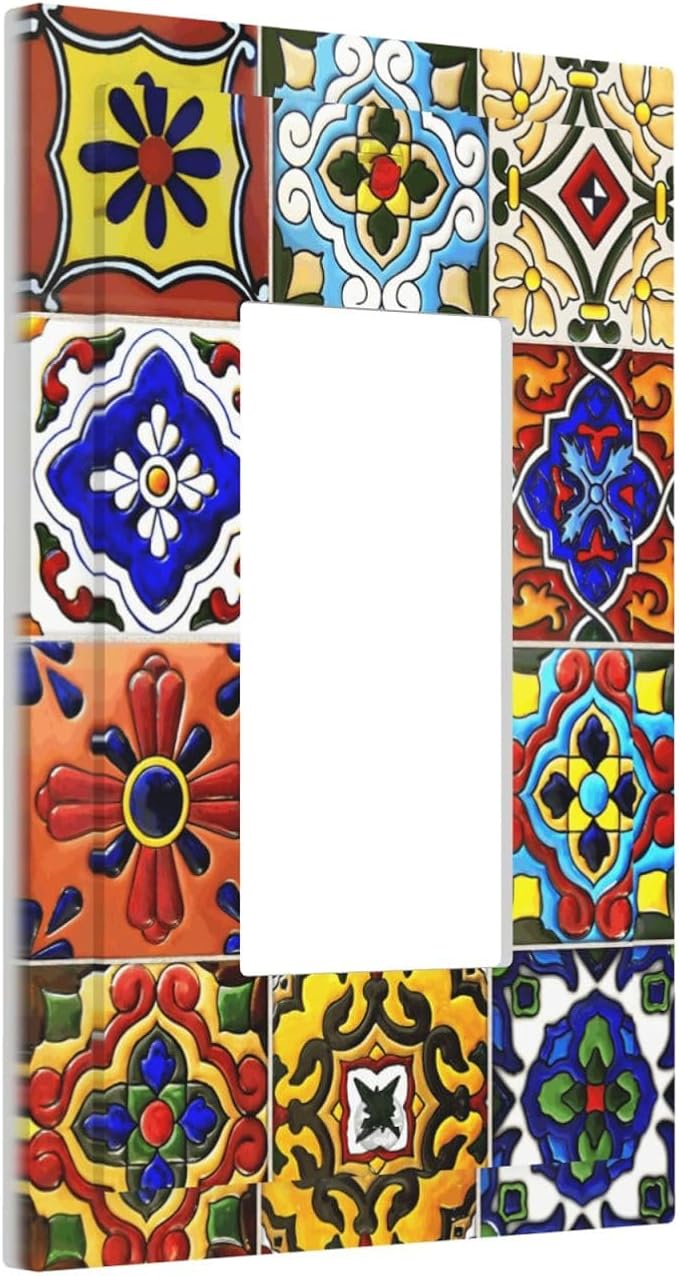 Vintage Colorful Boho Mexican Moroccan Tile Decorative Outlet Covers 1 Gang Single Rocker Light Switch Cover Plate Wall Plates GFCI Faceplate for Farmhouse Home Decor