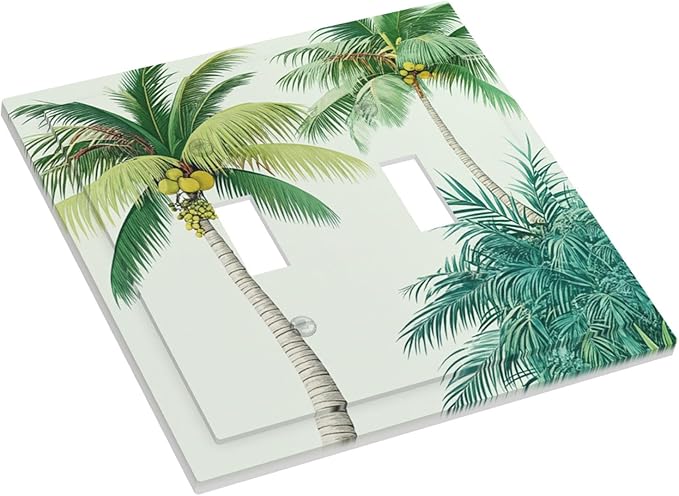 Tropical Palm Tree & Paradise Leaves Double Toggle Switch Cover - 2-Gang Standard US Size Island Vacation Vibes Light Switch Covers for Living Room Decor