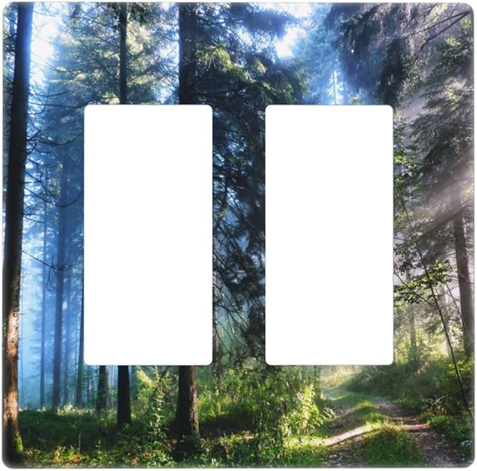 Green Landscape Forest Tree 2 Gang Double Rocker/Decora Light Switch Cover Decorative Outlet Wall Plate Electrical Faceplate Home Family Art Decor Screwless