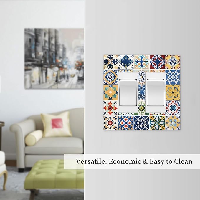 Decorative Outlet Covers Moroccan Traditional Mexican Talavera Til 2 Gang Double GFCI Rocker Electrical Wall Panels Light Switch Cover Plate for Kitchen Home Decor