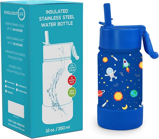 CHILLOUT LIFE 12 oz Kids Insulated Water Bottle for School with Straw Lid Leakproof and Cute Waterproof Stickers, Personalized Stainless Steel Thermos Flask Metal Water Bottle, Blue Space