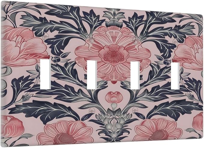 Pink Floral Vintage Botanical Boho Flower Light Switch Covers Quad Toggle Electrical Faceplate 4 Gang Wall Plate Decorative Switch Plates Cover for Farmhouse Home Decor