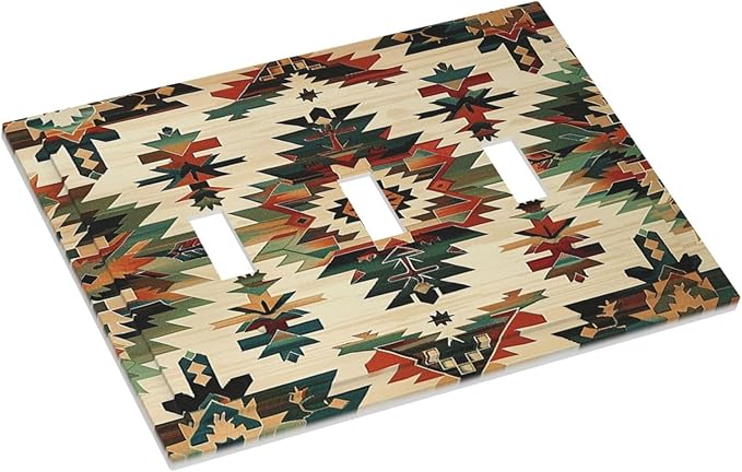 Decorative Switch Plates Southwest Rustic American Indian Aztec Boho 3 Gang Wall Plate Triple Toggle Light Switch Cover Faceplate Electrical Wall Panels for Bed Room living Room Decor