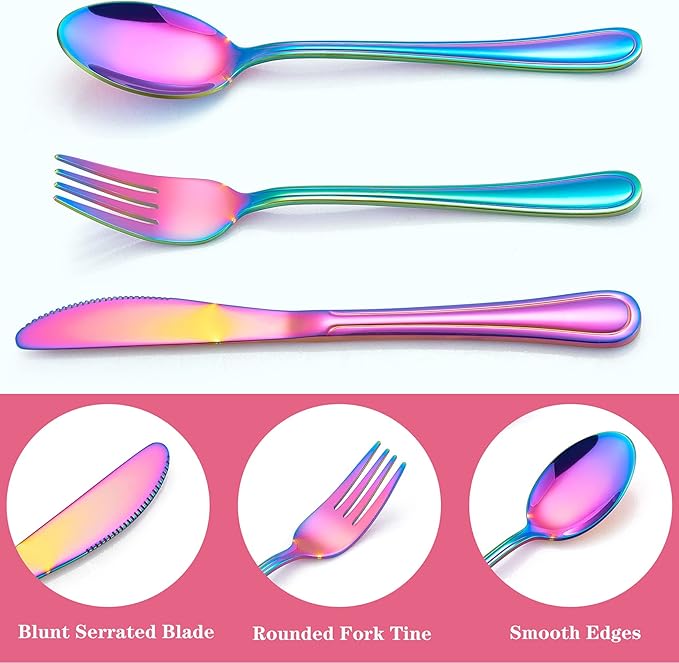 LIANYU 12-Piece Rainbow Kids Silverware Set, Stainless Steel Toddler Utensils Flatware Set, Child Cutlery Tableware for 4, Include knife Fork Spoon, Mirror Finished, Dishwasher Safe