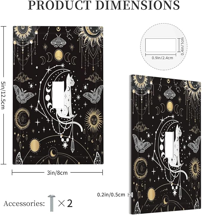White Cat Tarot Moon Phases Moth Celestial Gothic Decorative Light Switch Cover 1 Gang Single Toggle Device Electrical Faceplate Switchplates Decorator Outlet Wall Plate for Kids Room Bedroom Decor